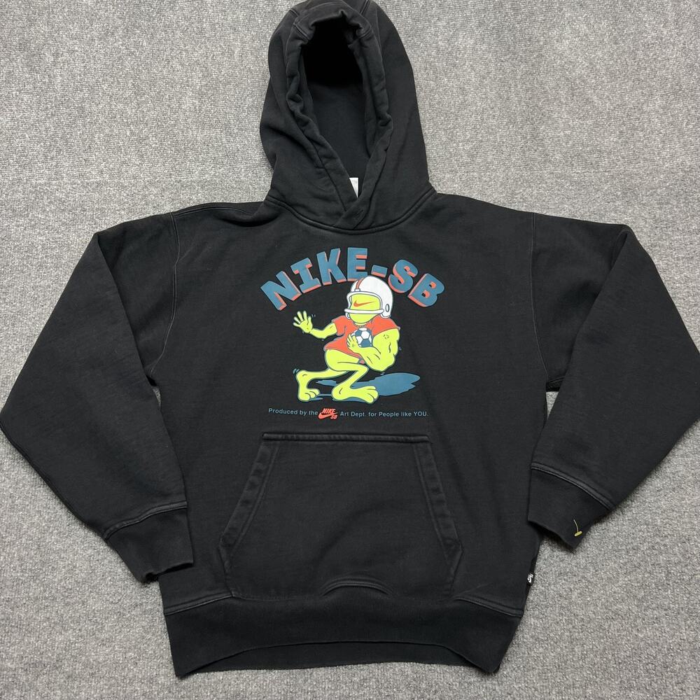 Nike SB Hoodie Mens XS Black Pullover Fleece Sweatshirt Cartoon Graphic Soccer